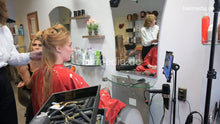 将图片加载到图库查看器，1197 13 SabineK 2 by Zoya haircut and wait for perm in red PVC cape