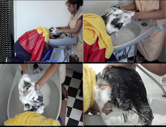 142 Gamze in apron doing forward shampooing in backward salon shampoobowl