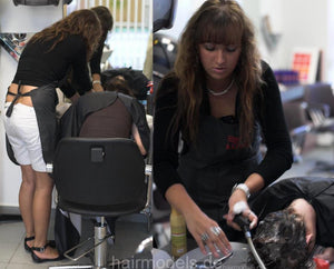 147 Barberette JuliaM shampooing the salon owner forward hair wash