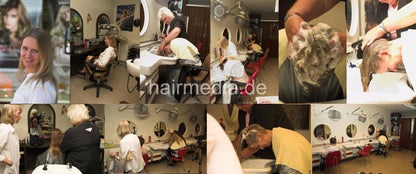 7019 Carmen 1 forward wash salon shampooing by mature barberette in white apron
