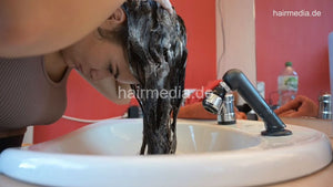 1182 AlinaR 1 self forward salon shampoo in barbershop bowl in leatherpants
