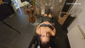 1181 AlinaR 2 backward pampering shampoo in leatherskirt and boots by barber POV cam