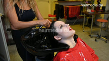 Cargar imagen en el visor de la galería, 1205 1 NatalieK pretty black dry haircut and shampoo afterwards by Zoya in large red PVC cape