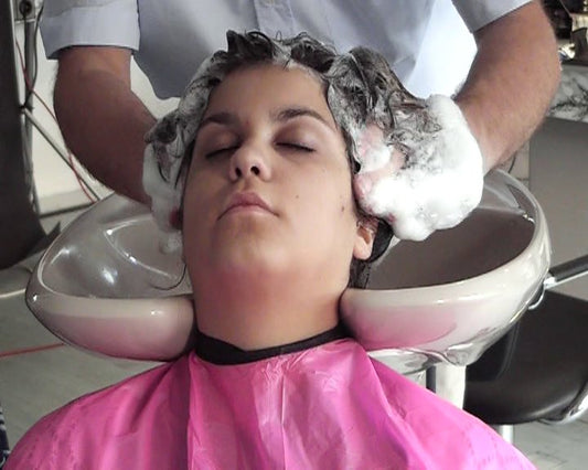 332 Sabrina teen by barber salon backward hairwash in pink PVC shampoocape