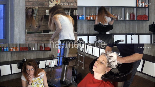 376 Redhead Barberette SarahP in redcape backward shampoo by barber