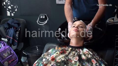 381 Ranip in black salon backward shampooing by barber in flower shampoo nylon cape