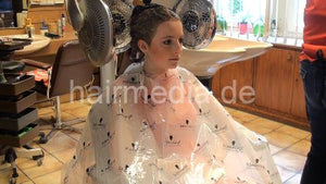 4007 AngelikaM 1 highlighting torture thick curly long hair in white pvc cape silent salon
