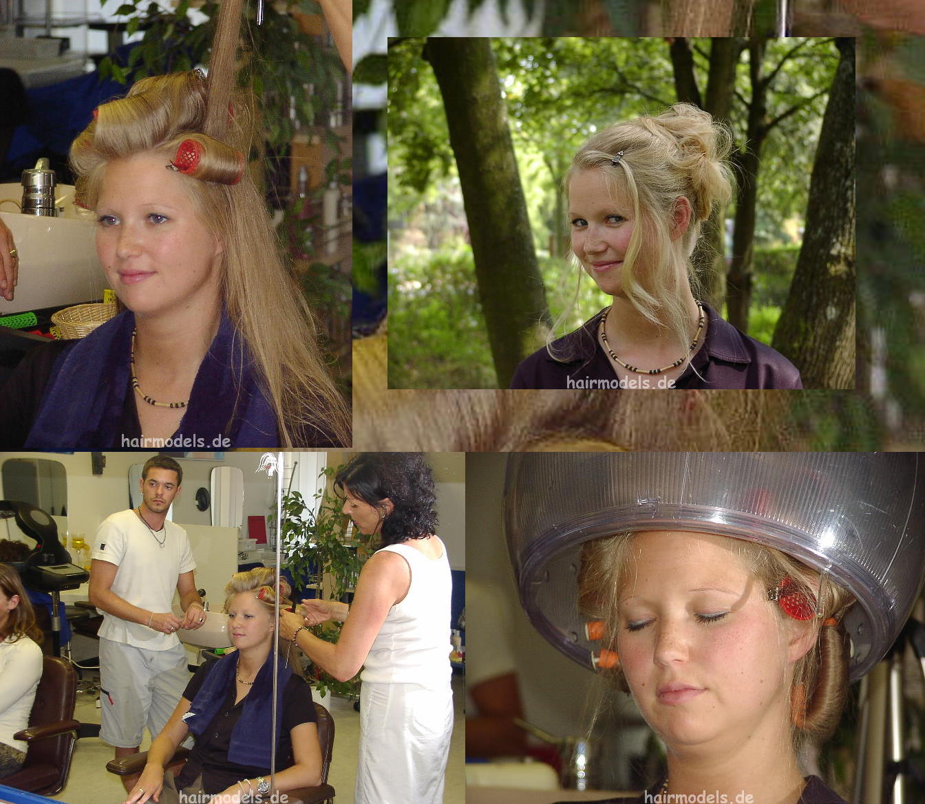 607 long blond hair by young barber shampooing and wet set