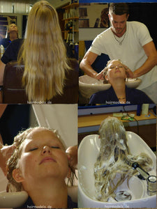 607 long blond hair by young barber shampooing and wet set