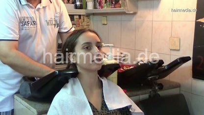6196 Marija 1 in summerdress backward salon observed shampooing by barber