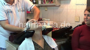 6196 Marija 1 in summerdress backward salon observed shampooing by barber