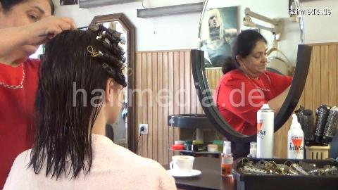 6196 Minie hair 2 wet set in metal rollers and earprotectors and hairnet by mature barberette