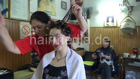 6196 Minie hair 2 wet set in metal rollers and earprotectors and hairnet by mature barberette