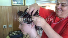 将图片加载到图库查看器，6196 Minie hair 2 wet set in metal rollers and earprotectors and hairnet by mature barberette