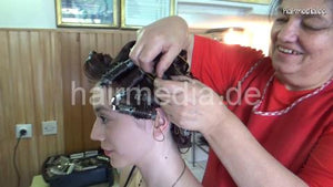 6196 Minie hair 2 wet set in metal rollers and earprotectors and hairnet by mature barberette
