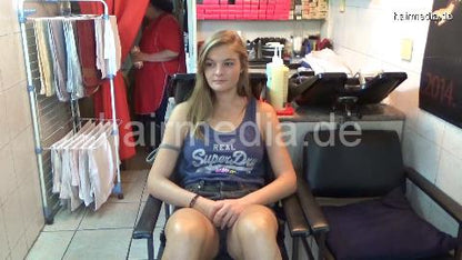 6196 SarahB 1 teen backward salon shampooing by barber in short pants