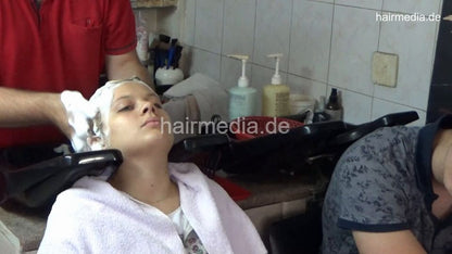 6212 TamaraL 1 teen backward hair face and ear wash by barber, boyfriend watching