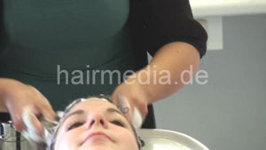 8043 2 shampooing teen long hair in green towel shampoobowl backward