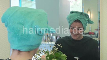 8043 2 shampooing teen long hair in green towel shampoobowl backward