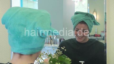 8043 2 shampooing teen long hair in green towel shampoobowl backward