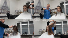 Load image into Gallery viewer, 8300 JuliaR by MelanieM 3 haircut in barberchair in vintage barbershop in large cape
