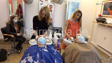 Load image into Gallery viewer, 9091 thick hair facemask teens synced by Zoya in red apron backward salon wash frontcam