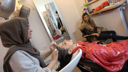9094 Shqiponje backward salon shampooing by Lilly in headscarf, Zoya controlled