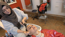 Cargar imagen en el visor de la galería, 9094 Shqiponje backward salon shampooing by Lilly in headscarf, Zoya controlled