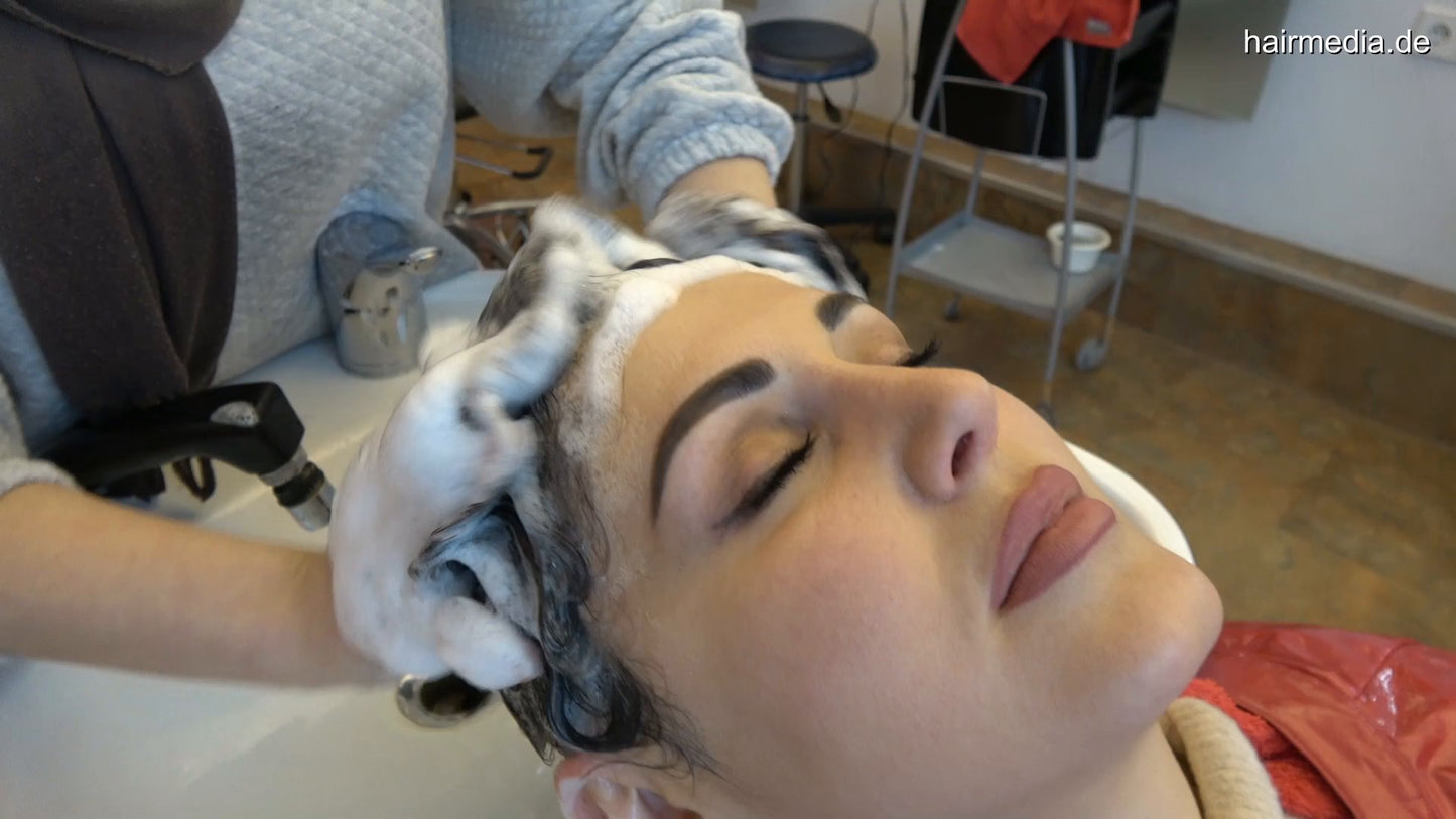 9094 Shqiponje backward salon shampooing by Lilly in headscarf, Zoya controlled