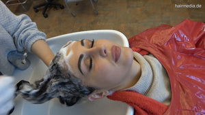 9094 Shqiponje backward salon shampooing by Lilly in headscarf, Zoya controlled