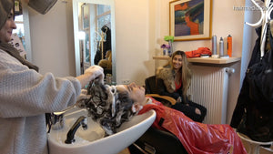9094 Shqiponje backward salon shampooing by Lilly in headscarf, Zoya controlled