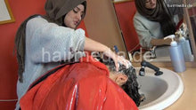 Load image into Gallery viewer, 9094 Shqiponje forward salon shampooing by Lilly in headscarf, Zoya controlled