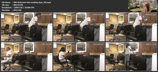 986 A lone in a row. African barberette washing her hair in salon forward over backward bowl
