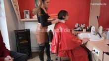 Charger l&#39;image dans la galerie, 2024 Marcel by AlinaR in leather skirt forward wash, cut and blow in red pvc apron