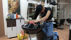1171 Amal barberette in blue jeans self forward over backward salon sink shampooing