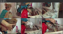 Load image into Gallery viewer, 198 Amalia long blonde hair in salon 2 forward hairwash by mom in dederon apron using heavy shampoocape