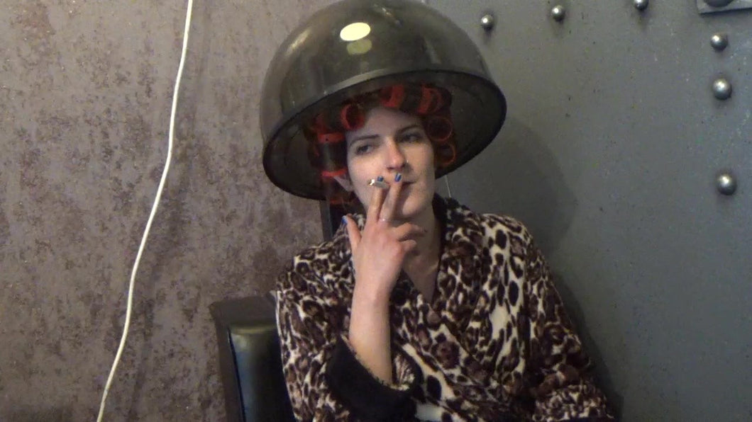 1143 Cami Smokes a Cigarette in Rollers Under the Dryer