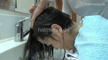 将图片加载到图库查看器，8401 JelenaK long thick hair forward shampoo hairwash in barbershop by female barber