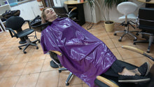 Load image into Gallery viewer, 9146 smoking barberette Justyna by barber ASMR backward salon shampooing in purple pvc vinyl shampoocape