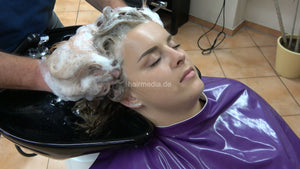 9146 smoking barberette Justyna by barber ASMR backward salon shampooing in purple pvc vinyl shampoocape