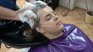 9146 smoking barberette Justyna by barber ASMR backward salon shampooing in purple pvc vinyl shampoocape