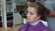 Laden Sie das Bild in den Galerie-Viewer, 1168 Justyna by barber 1 dry haircut thick barberettes hair in pink pvc cape