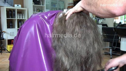 1168 Justyna by barber 1 dry haircut thick barberettes hair in pink pvc cape