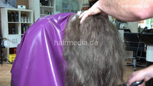 Cargar imagen en el visor de la galería, 1168 Justyna by barber 1 dry haircut thick barberettes hair in pink pvc cape
