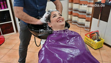 Cargar imagen en el visor de la galería, 1193 Channel by barber casting backward shampoo, trim and blow in purple cape