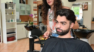 1207 Leyla cutting barber Maicol and doing beard