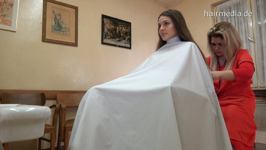8150 MarieM by MariaK 2 dry cut in large cape in barbershop in barberchair