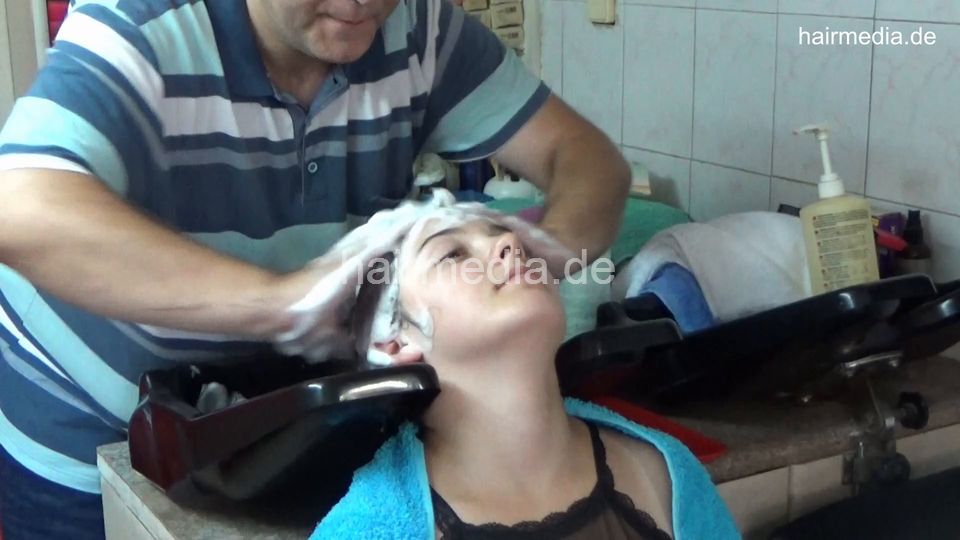 7075 Teen Marina 3 post perm long and rich lather hair ear and face shampoo by barber and blow
