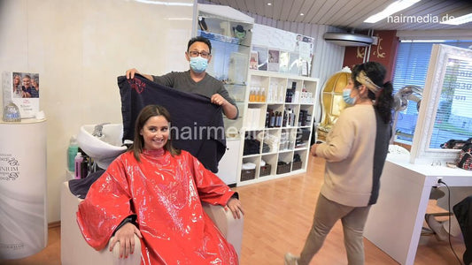 8158 Meriem 1 relaxing backward shampoo by barber in red pvc shampoocape