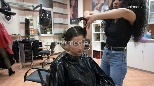 1171 Meriem 4 small rod metalrollers wet set and hood dryer by Amal in black vinyl cape and neckstrip